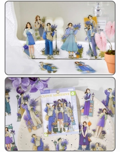 Detail of PET decorative stickers featuring lilac flower narration and fashion illustrations