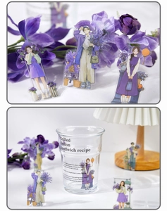 Detail of purple theme stickers on glass cup featuring lavender and floral illustrations