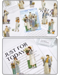 Detailed close-up of illustrative stickers with figures holding flowers for journaling