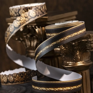 Vintage Baroque gold floral washi tape with ornate scroll patterns on dark background