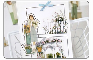 Detail of floral girl stickers with watercolor lilies and fence for DIY scrapbooking
