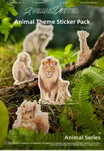 Detailed close-up of animal theme stickers featuring lions and giraffes in natural moss setting