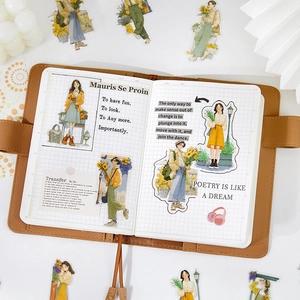 Japanese style planner set with aesthetic character stickers on grid paper and brown leather cover