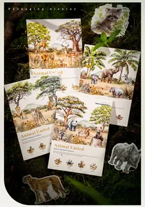 Detailed view of Animal United stickers set featuring wildlife illustrations on moss