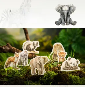 Detailed view of animal stickers showing realistic fox, gorilla, and lion on a nature background