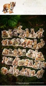 Detailed view of 50 realistic hand-drawn animal stickers on moss and forest background