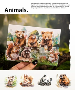 Detail showing forest animal theme watercolor stickers with bear and squirrel designs