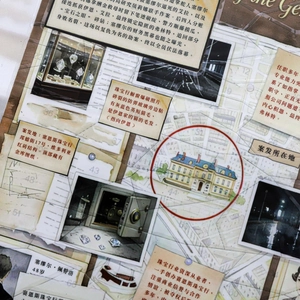 Vintage detective puzzle stickers featuring mystery clues and crime scene investigation maps