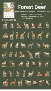 Flat lay of 50 different forest animal stickers on a dark green woodland background