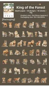 Detailed view of 50 realistic animal stickers made of washi paper for journaling art