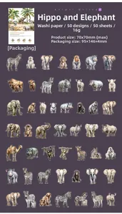 Detailed chart of 50 unique animal stickers featuring hippo and elephant illustrations