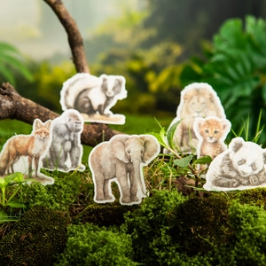 50-piece set of realistic animal stickers on natural moss and wood background