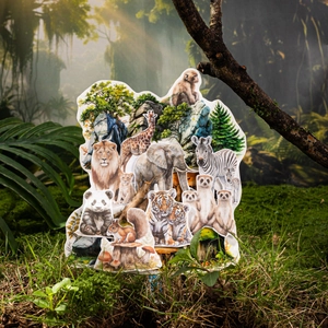 50-piece realistic animal sticker pack featuring lion elephant and zebra in forest scene