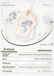 Detailed view of vintage floral stickers set with PET and paper material specifications