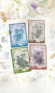Detailed view of vintage botanical PET stickers with floral herb designs for scrapbooking