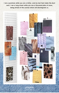 Artistic collage of decorative material cards with knitwear and fur textures for journaling