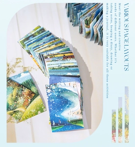 Dettaglio macro di adesivi con illustrazioni di paesaggi naturali per scrapbooking e fai da te