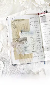Detail showing vintage botanical PET stickers with textured paper and fabric lace for journaling