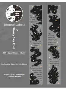 Détail du ruban PET Starry Sky Poet avec finition argent laser et motifs de poèmes décoratifs