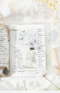 Detail of vintage botanical PET stickers used for creative journaling and DIY decoration
