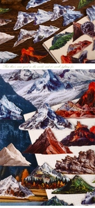 Detailed stickers showing realistic snow mountains and volcanic landscapes for scrapbooking