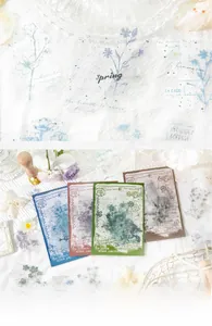 Close-up of vintage floral stickers for DIY journals with botanical art and typography
