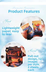 Detail of tearable winter forest scenery paper stickers in a sliding drawer box