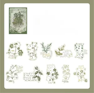 Detail of 30pcs green plant PET stickers showing various floral patterns for DIY scrapbooking