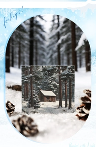 Primer plano de papel decorativo de invierno con cabaña nevada y árboles de pino