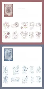 Detail showing vintage floral PET stickers in pink and blue for scrapbooking decoration