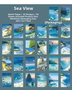 Vista dettagliata di 25 adesivi washi a tema marino con fari e paesaggi costieri artistici