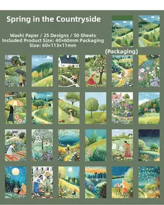 Dettaglio di 25 adesivi con illustrazioni di paesaggi primaverili in una griglia