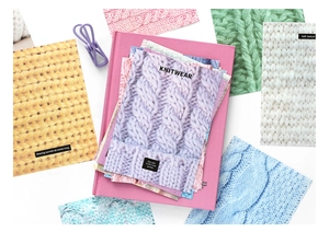 Detailed flat lay showing diverse pastel knitwear patterns and winter textures cards