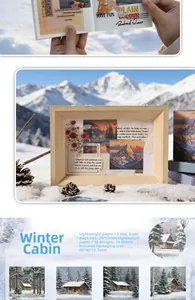 Detailed view of winter cabin scrapbooking paper set with snow mountain scenery