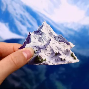 Retro mountain peak stickers with snowy alpine landscapes and vintage pine forest designs