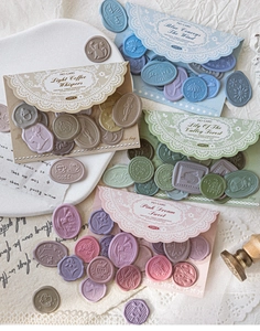 Close-up of MO-CARD vintage 3D foam wax seal stickers for retro DIY journaling