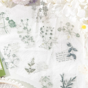 Vintage botanical stickers with green herbal leaves and floral patterns for DIY scrapbooking