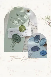 Detailed view of vintage wax seal stickers in Morandi colors with botanical relief patterns