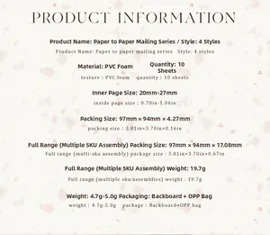 Detailed specifications table for vintage 3D foam stickers showing sizes and packaging info