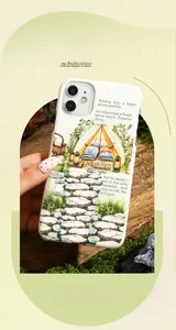 Close-up of camping-themed white phone case featuring nature collage and stone path