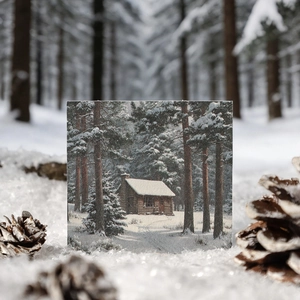 Papel decorativo para álbum de recortes de invierno con cabaña nevada y piñas de pino