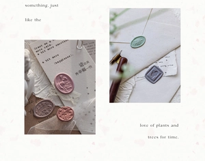 Macro detail of Morandi colored wax seal stickers with embossed rabbit and floral patterns