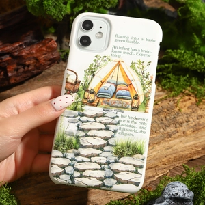 Outdoor camping themed phone case with forest and stone path pattern on mossy wood