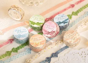 Flat lay of retro bow-themed washi tape rolls on lace with vibrant pastel color details