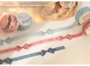 Macro shot of 1.5cm wide bow pattern washi tape with rhythmic dots and lace details