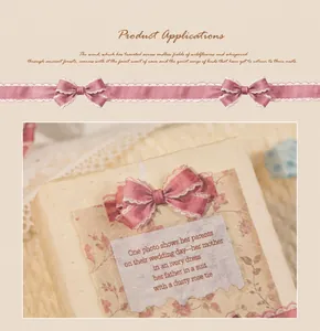 Close-up of pink bow washi tape with white lace edges on a decorative gift box