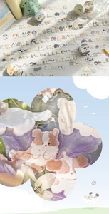 Detail of cute PET tape featuring cartoon Corgi and Husky dog designs for DIY scrapbooking