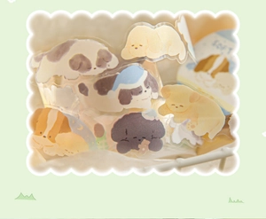 Detail showing cute sleeping dog patterns on PET tape for DIY scrapbooking decoration