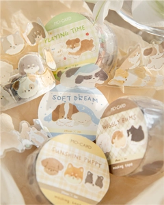 Detailed view of MO-CARD cute puppy and kitten PET masking tape rolls for DIY journals