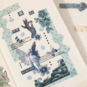 Blue aesthetic bow stickers with floral and angel motifs for creative journaling